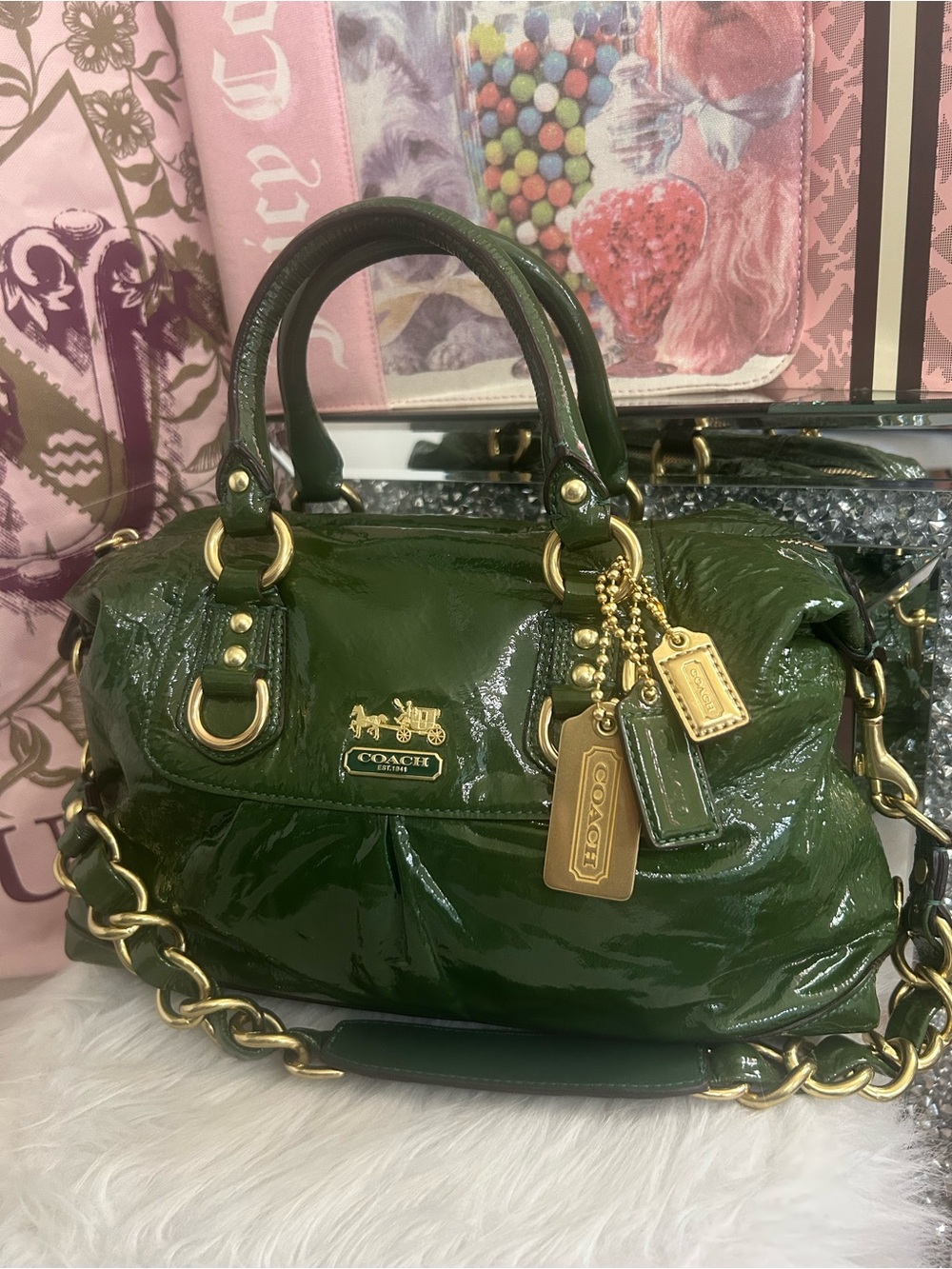 Vintage 2008 Coach Madison Crinkle Patent Leather Forest Green Satchel Bag